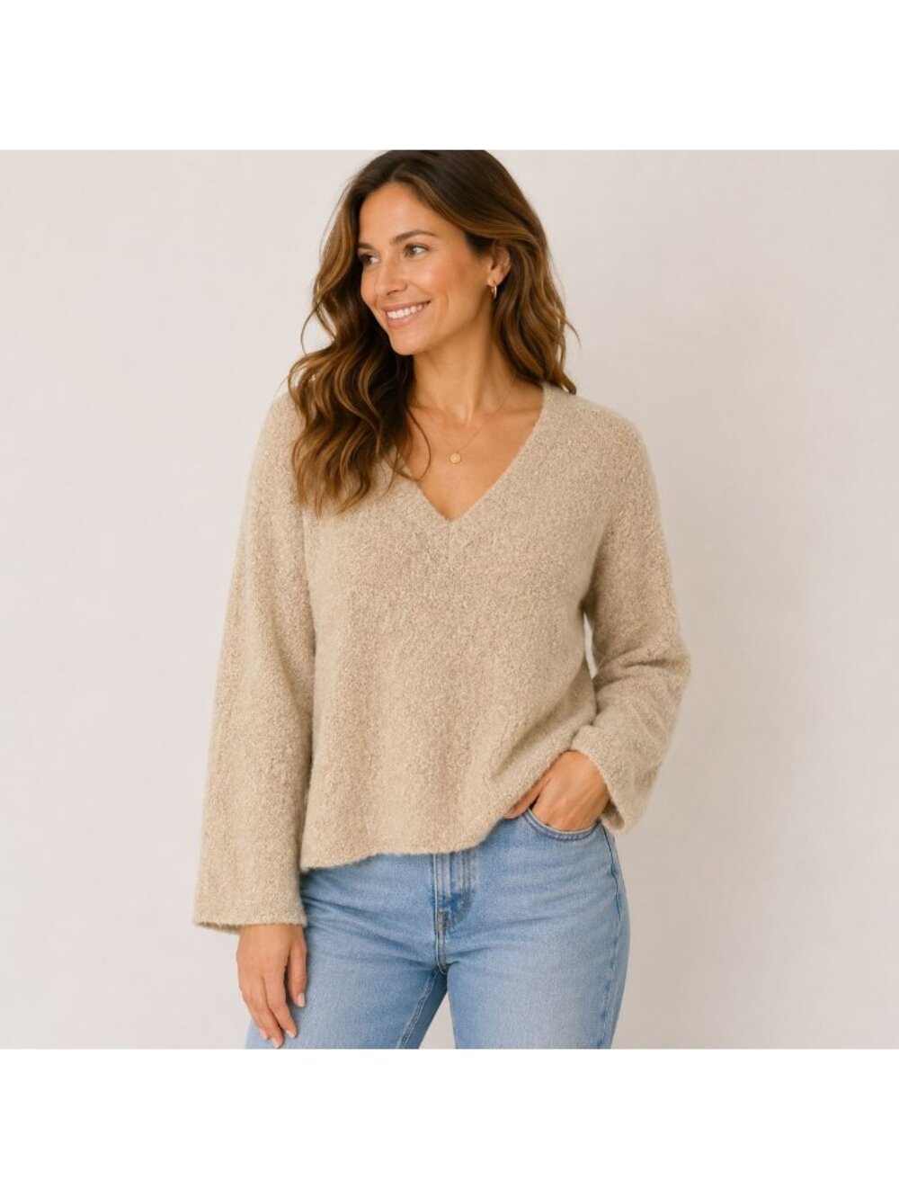 Amina Rubinacci Alpaca Wool Bouclé V-Neck Sweater IT 42 US Medium